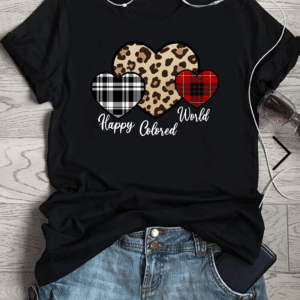 тениска щастлив цветен свят, цветна тениска, тениска с цветен дизайн, ярка дамска тениска, стилна тениска с цветя