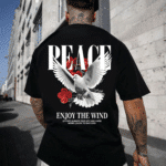 мъжка тениска - Peace, Enjoy the Wind, тениска с послание за мир, тениска с DTF печат, тениска от 100% памук, удобна мъжка тениска