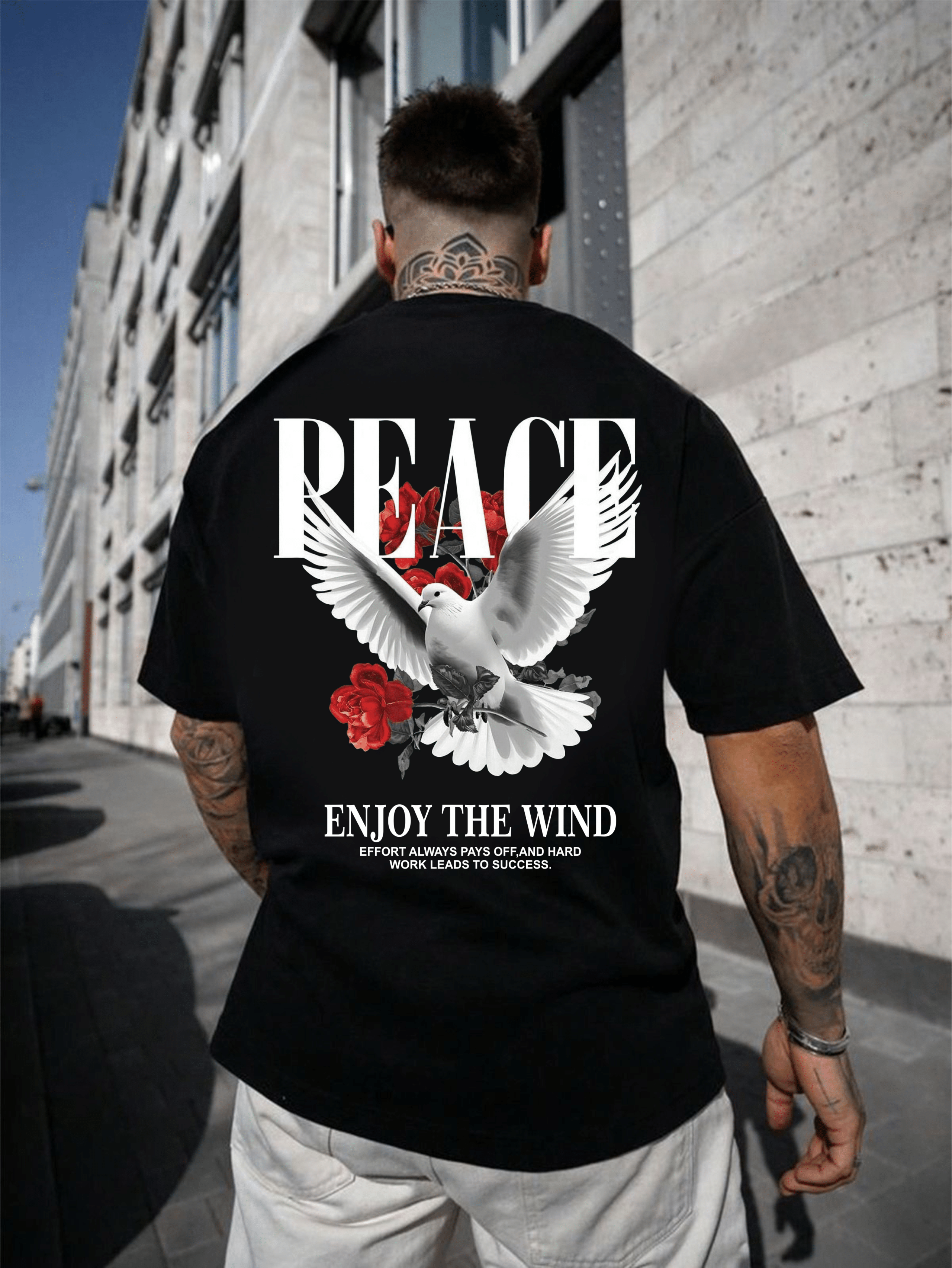 мъжка тениска - Peace, Enjoy the Wind, тениска с послание за мир, тениска с DTF печат, тениска от 100% памук, удобна мъжка тениска