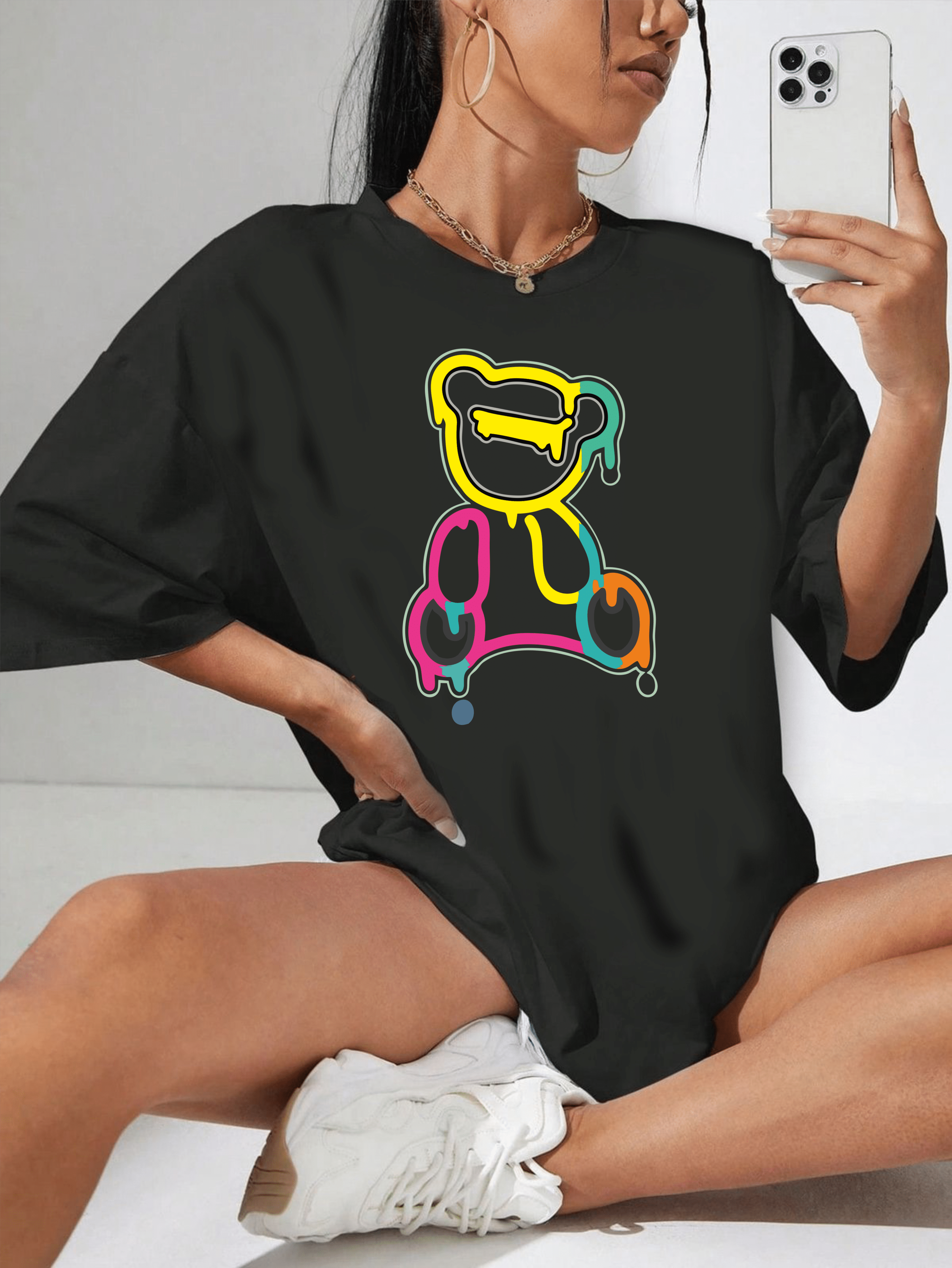 тениска colored bear, DTF печат тениска, тениска с цветна мечка, персонализирана тениска, 100% качествен памук, забавна тениска