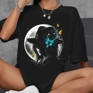 тениска Butterfly Muse, дамска тениска с пеперуди, тениска с лице на жена, цветни пеперуди, тениска с DTF печат, 100% памучна тениска