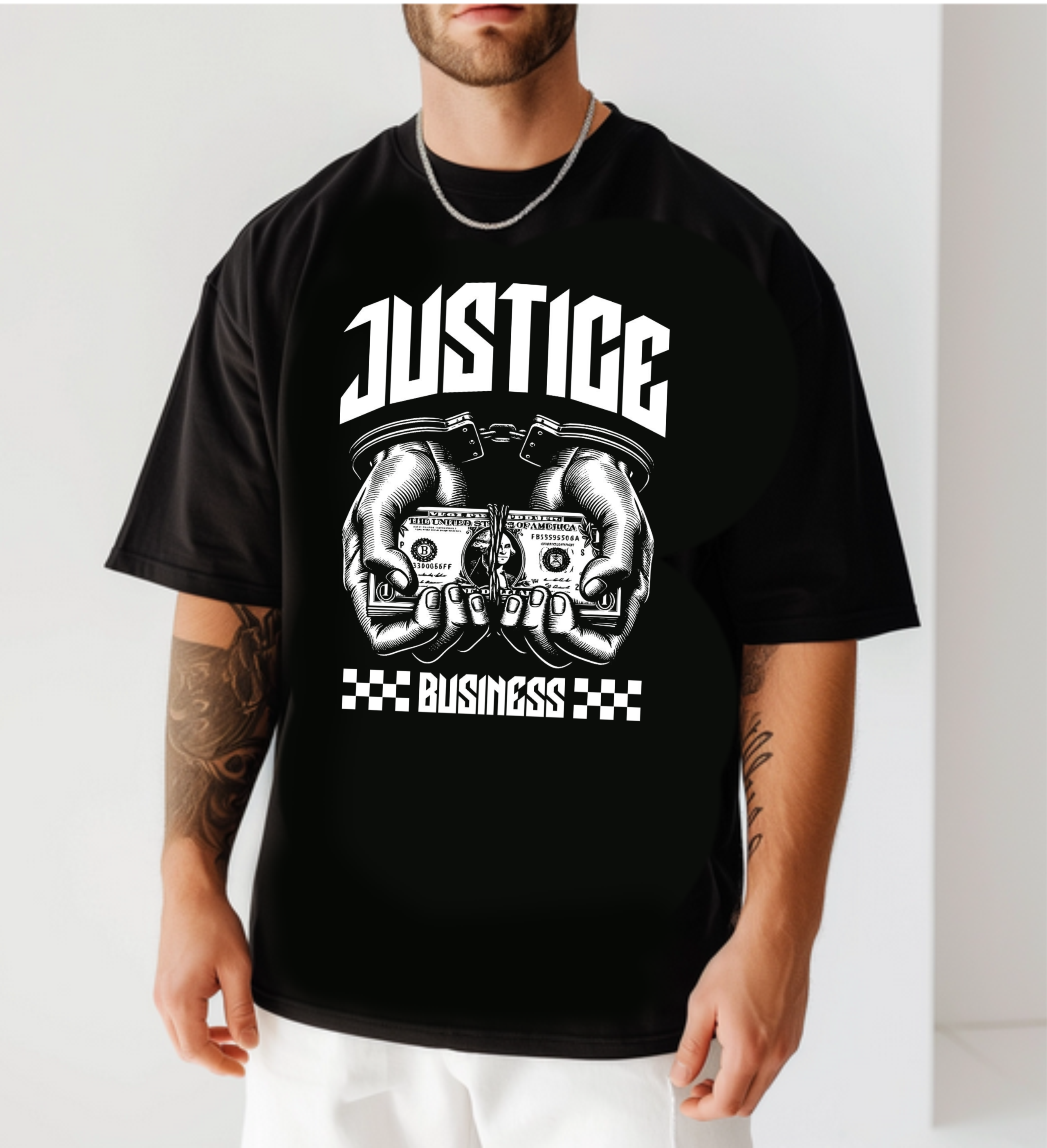 мъжка тениска - Justice Business, тениска с послание за правосъдие, тениска с DTF печат, тениска от 100% памук, удобна мъжка тениска