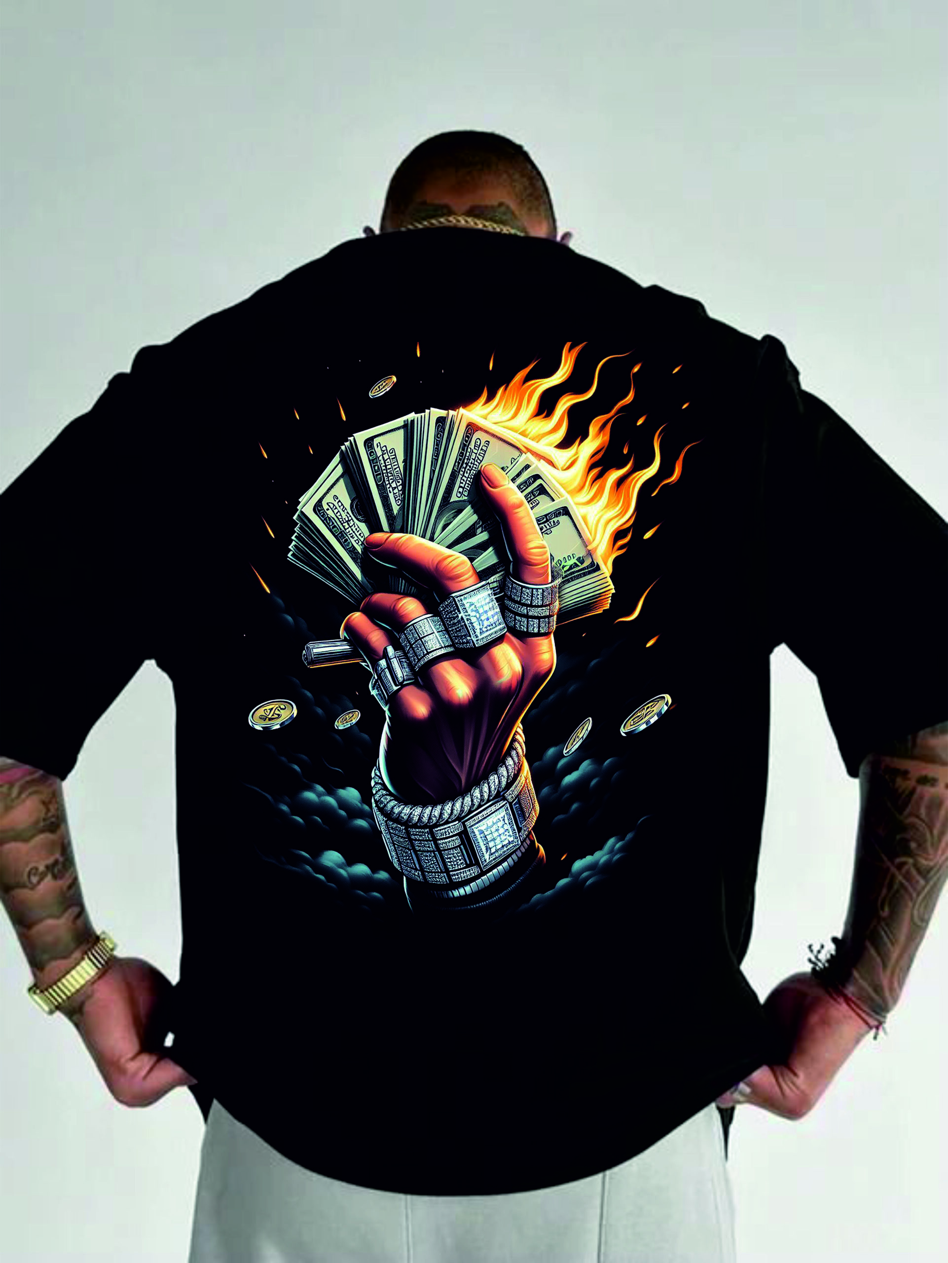 мъжка тениска - Money Fire, тениска с пламъци и пари, тениска с DTF печат, тениска от 100% памук, удобна мъжка тениска