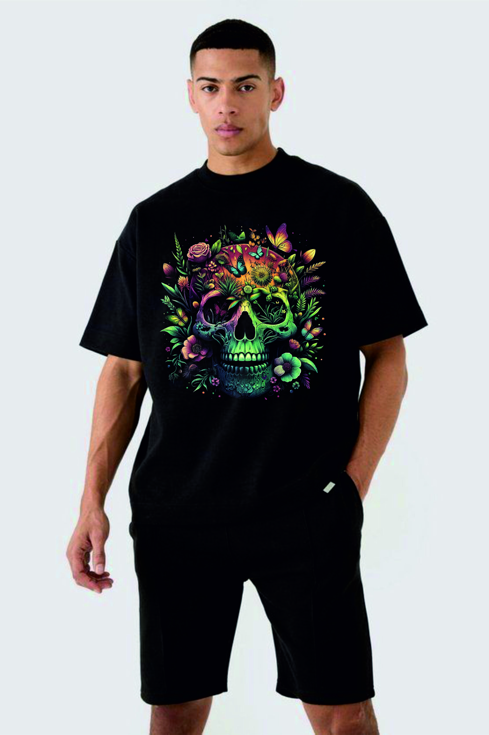 мъжка тениска - Flower Skull, тениска с цветен череп, тениска с DTF печат, тениска от 100% памук, удобна мъжка тениска