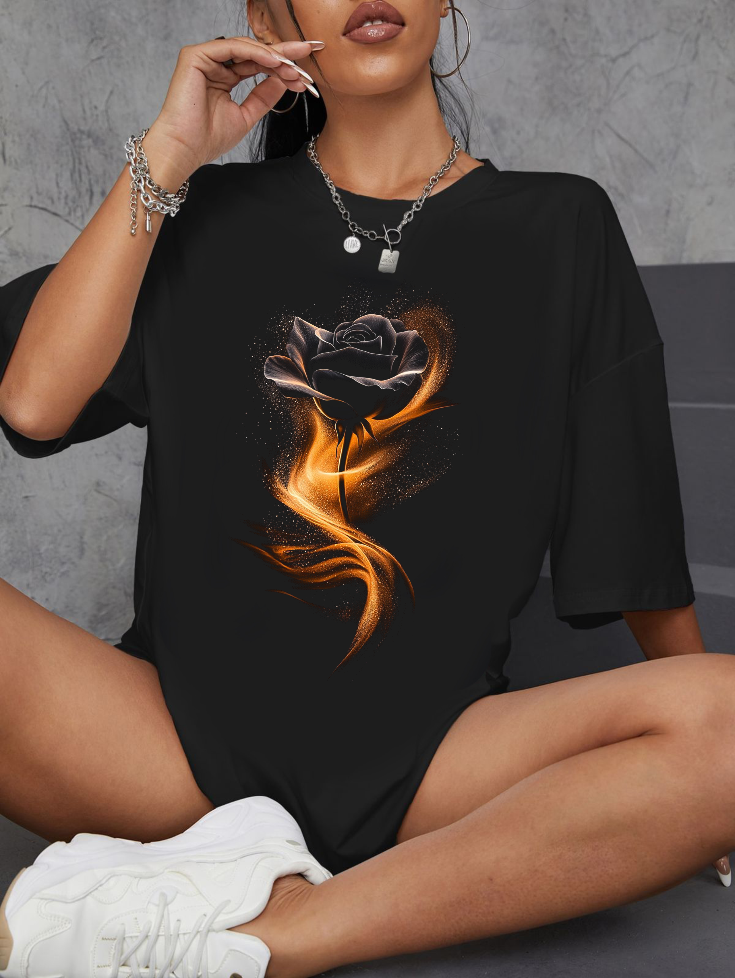 тениска Gold Rose, дамска тениска с роза, златна роза, 100% памучна тениска, елегантна тениска