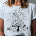 тениска Luna & Sun Blossom, дамска тениска с луна и слънце, 100% памучна тениска, тениска с рози и растения, стилна тениска