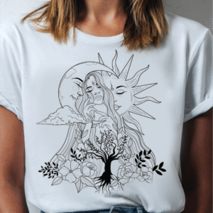 тениска Luna & Sun Blossom, дамска тениска с луна и слънце, 100% памучна тениска, тениска с рози и растения, стилна тениска