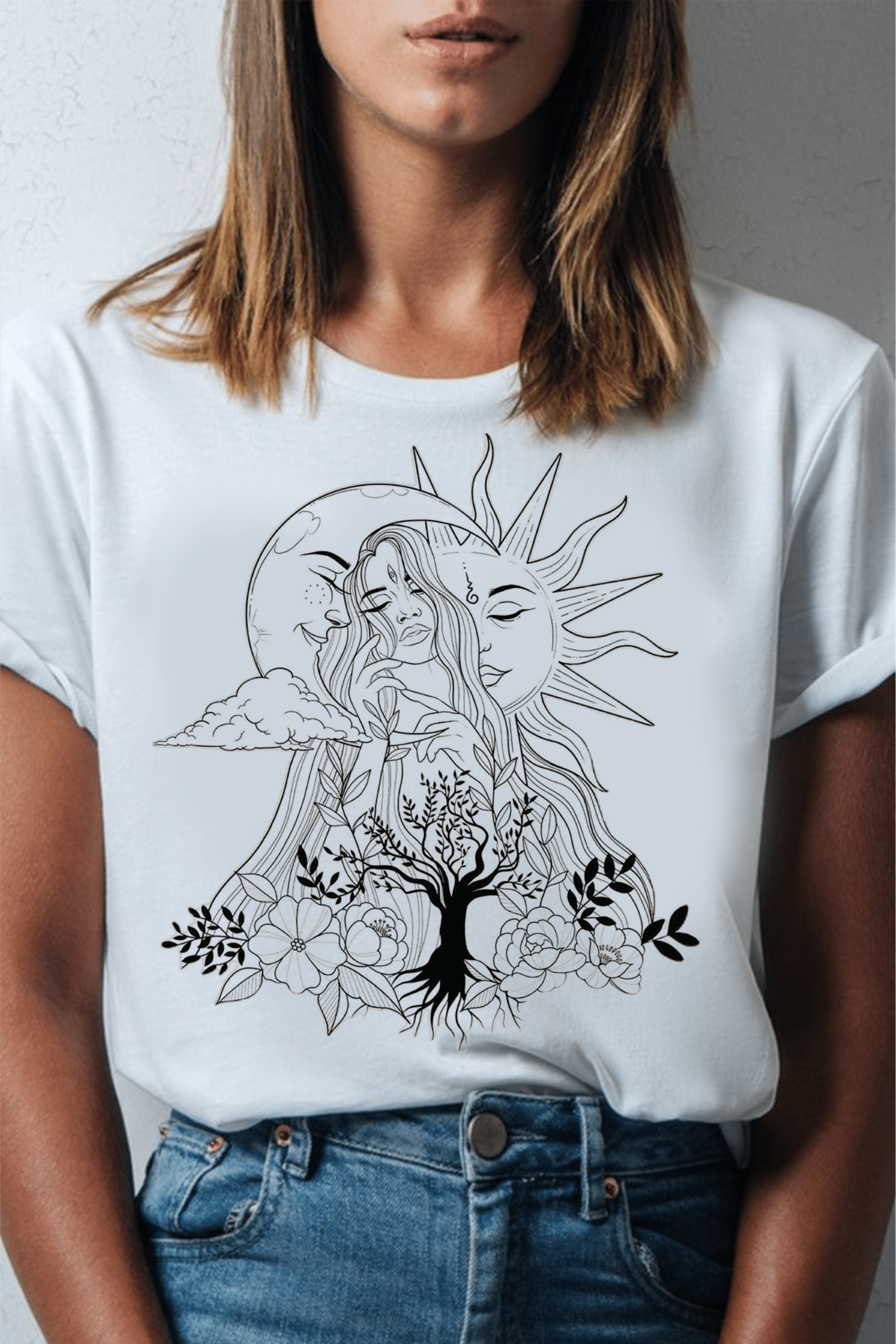 тениска Luna & Sun Blossom, дамска тениска с луна и слънце, 100% памучна тениска, тениска с рози и растения, стилна тениска