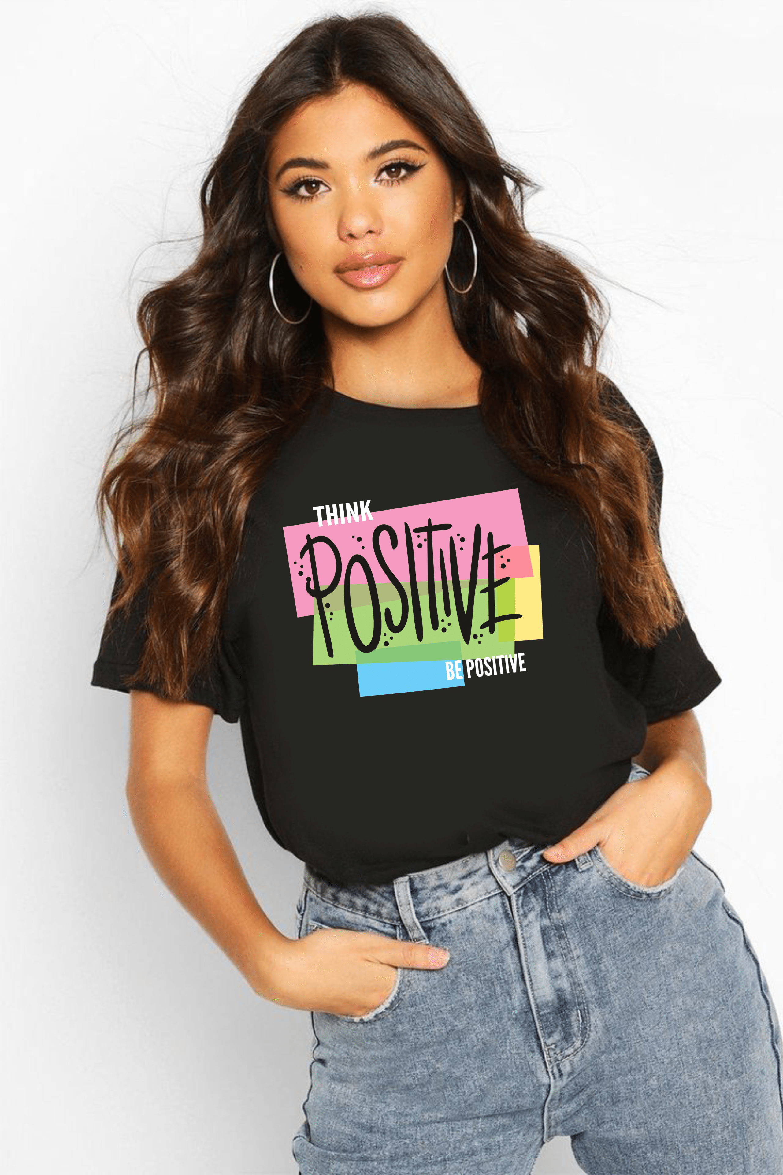 тениска Think Positive, дамска тениска с послание, 100% памучна тениска, позитивна тениска, минималистична тениска