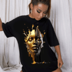 тениска Gold Face, дамска тениска с лице, позлатен принт, 100% памучна тениска, стилна графична тениска