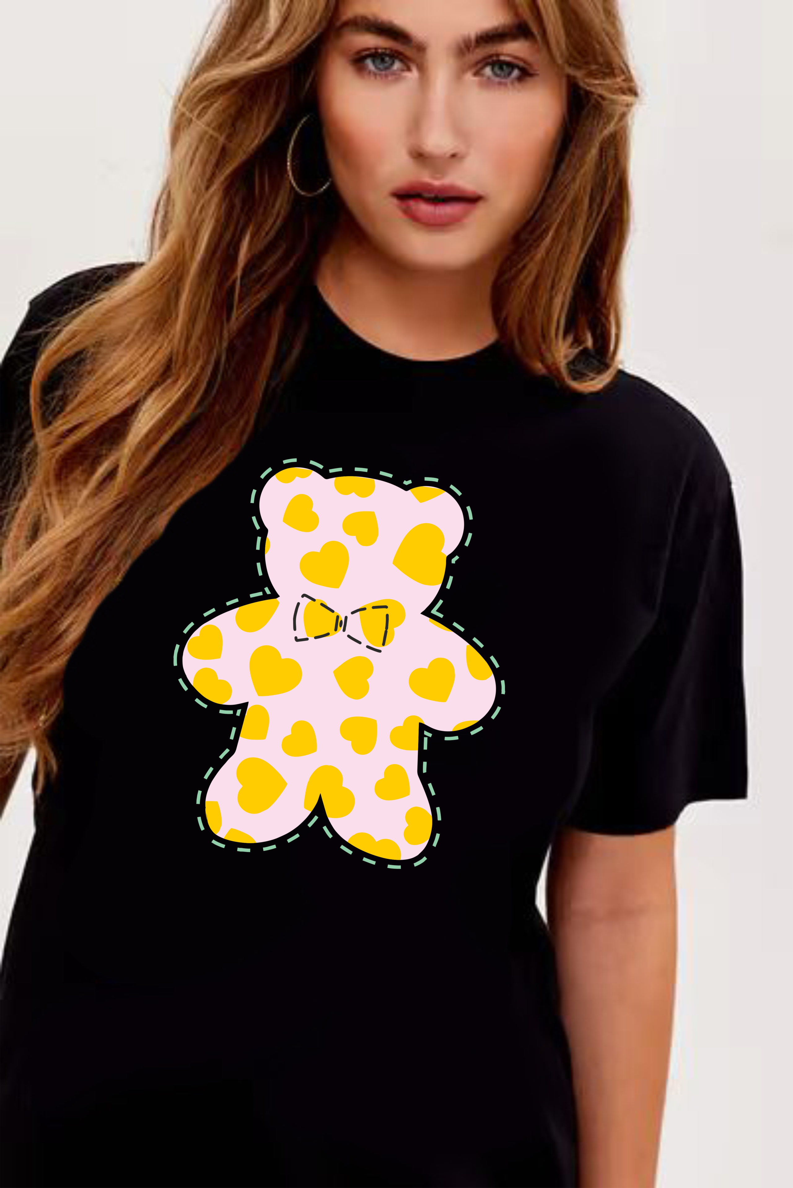 тениска Heart Bear, дамска тениска с меченце, тениска с любовно послание, 100% памучна тениска, тениска с мечка и сърце