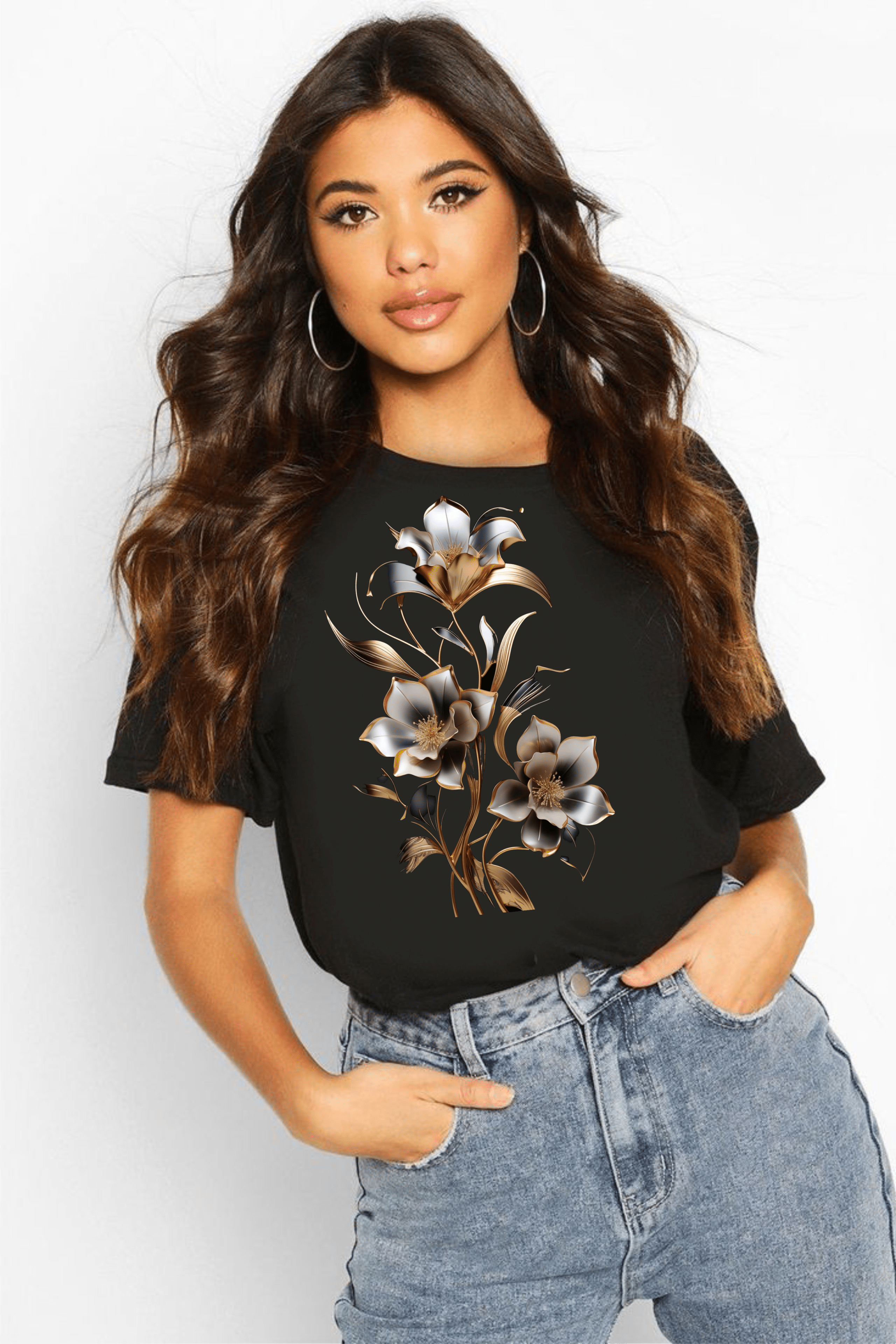 тениска Gold and Silver Flowers, дамска тениска с цветя, златни и сребърни цветя, стилна тениска, 100% памук, цветен принт