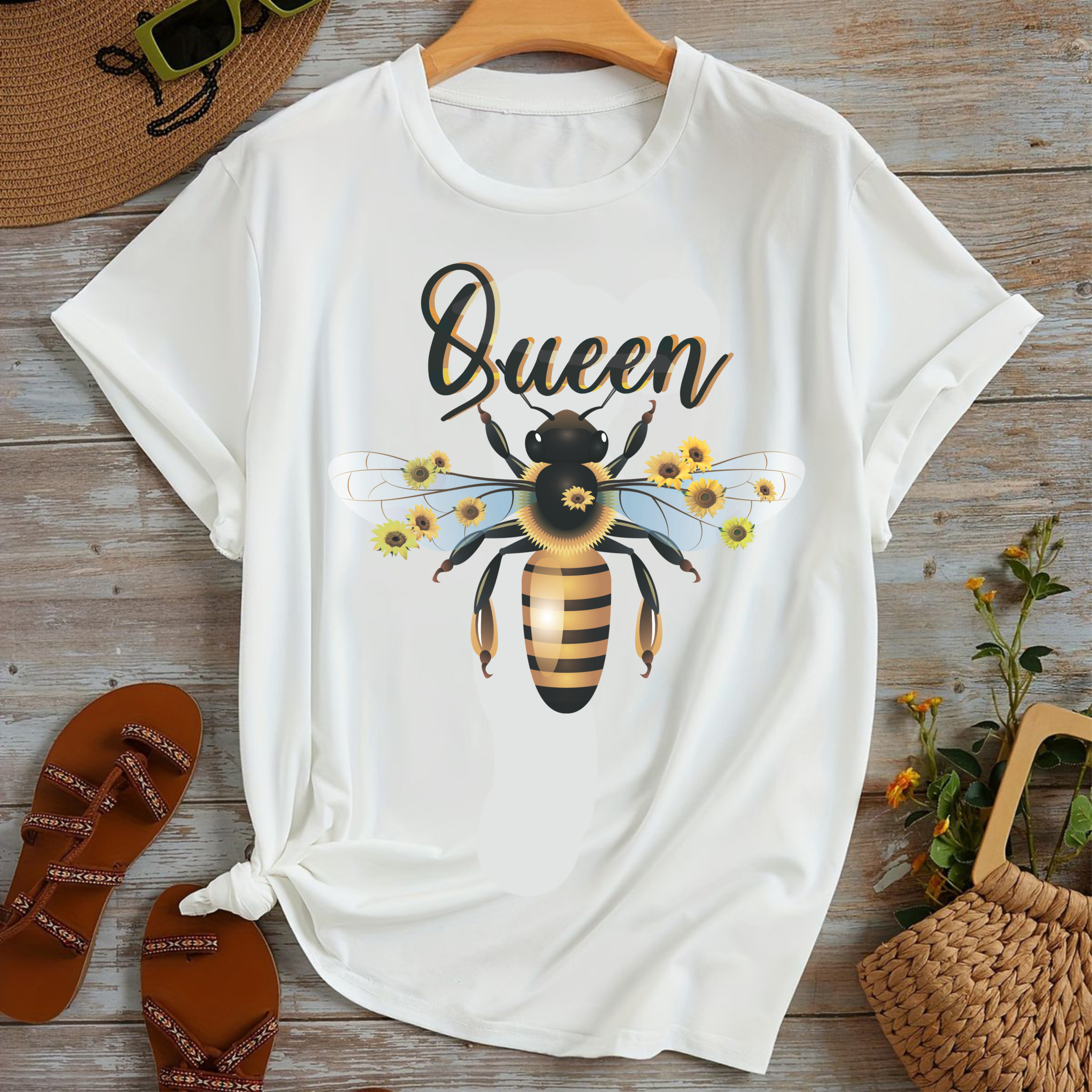 тениска Bee Queen, дамска тениска с пчела, пчела кралица, тениска с корона, DTF печат, 100% памук, стилна тениска