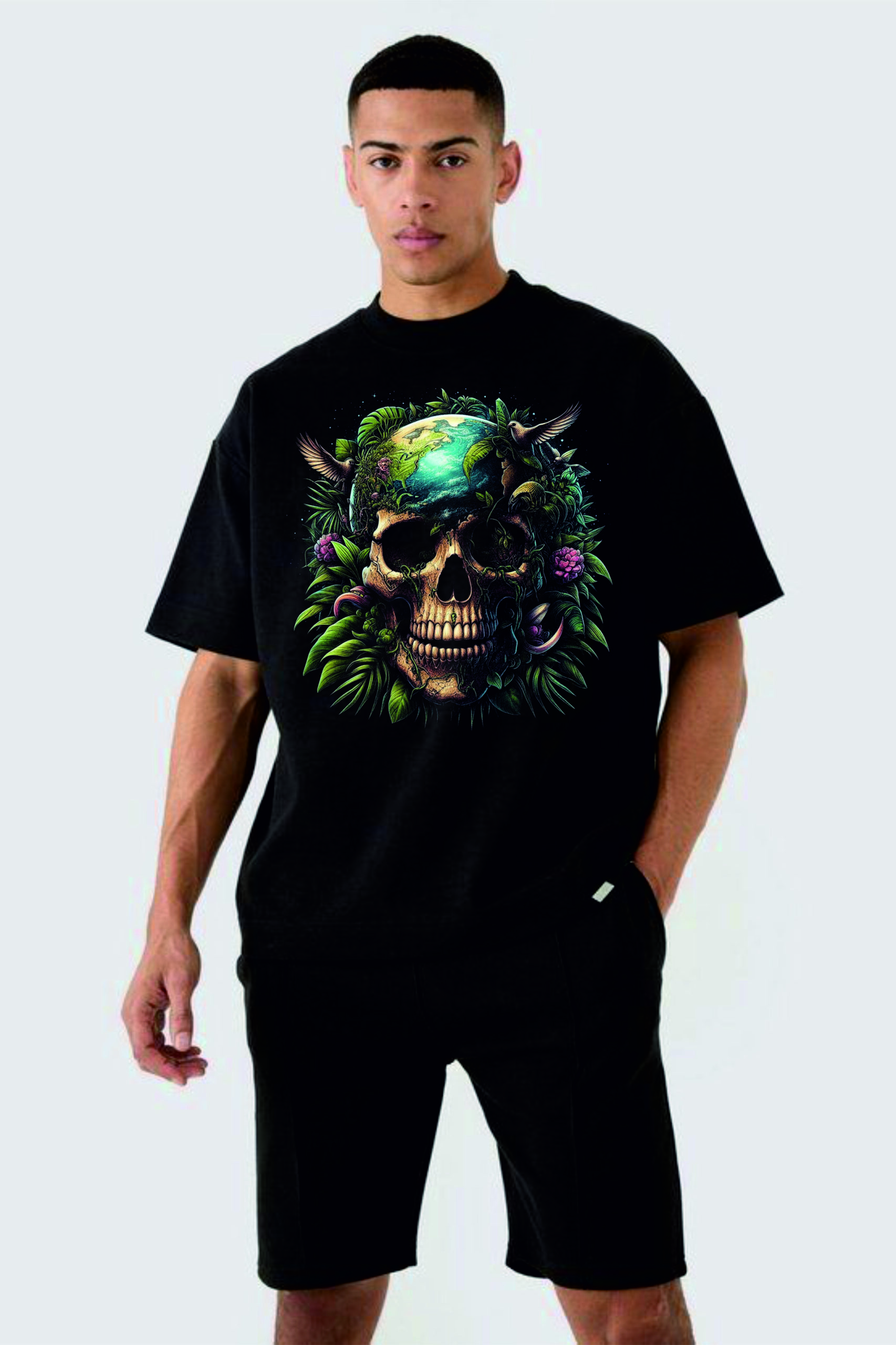 мъжка тениска - Flower Skull 2, тениска с череп и цветя, тениска с DTF печат, тениска от 100% памук, стилна мъжка тениска