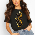 тениска черни и златни цветя, дамска тениска с цветен принт, 100% памук, тениска с черни и златни цветя, стилна тениска