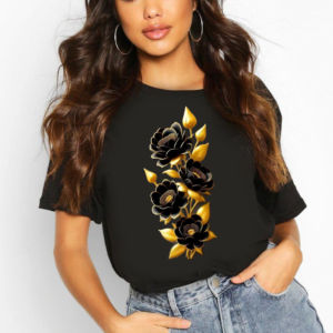 тениска черни и златни цветя, дамска тениска с цветен принт, 100% памук, тениска с черни и златни цветя, стилна тениска