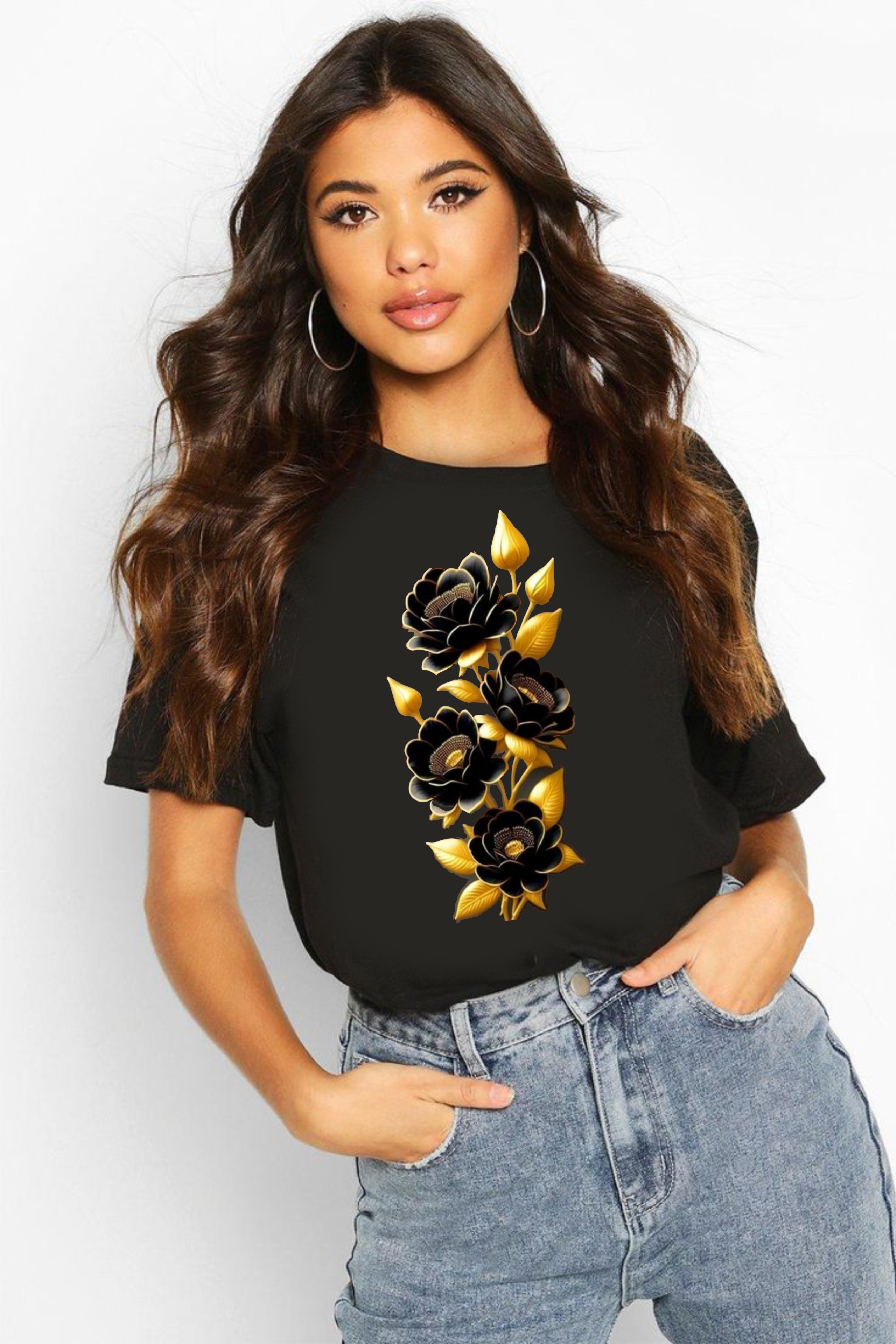 тениска черни и златни цветя, дамска тениска с цветен принт, 100% памук, тениска с черни и златни цветя, стилна тениска
