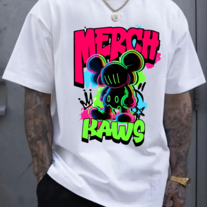 мъжка тениска - Бяла - Merch KAWS, бяла тениска с принт KAWS, тениска с DTF печат, тениска от 100% памук, съвременно изкуство тениска