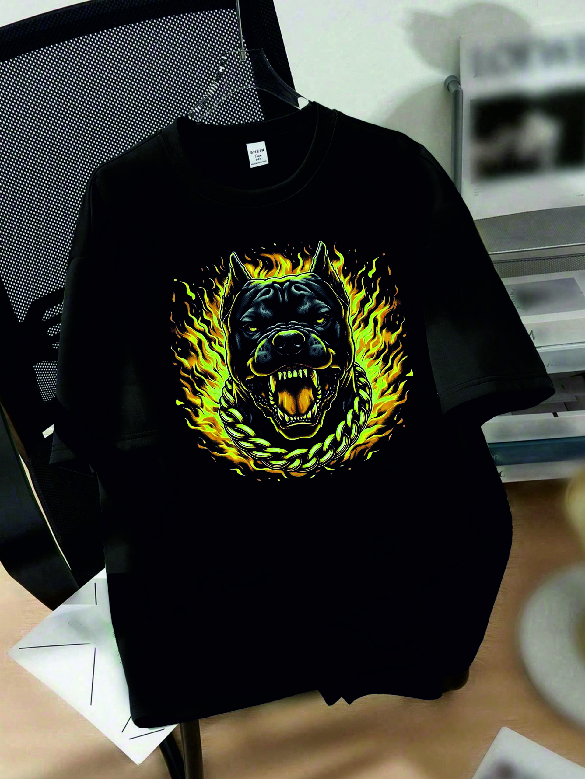 мъжка тениска - Fire Pitbul, тениска с Pitbul, огнен Pitbul, тениска с DTF печат, тениска от 100% памук