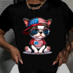 тениска USA Dog, тениска с куче и американски флаг, патриотична тениска, тениска с DTF печат, дамска тениска с куче