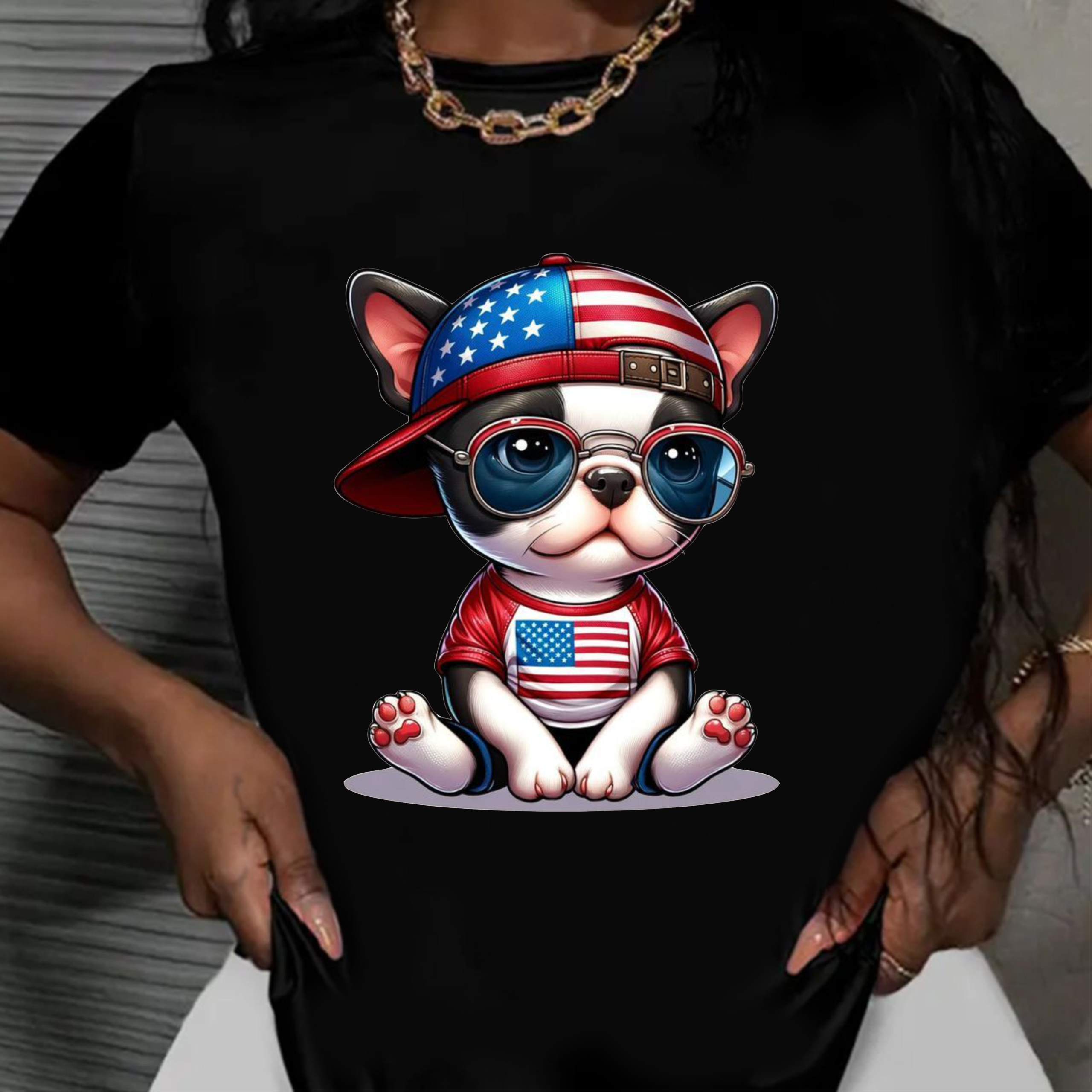 тениска USA Dog, тениска с куче и американски флаг, патриотична тениска, тениска с DTF печат, дамска тениска с куче