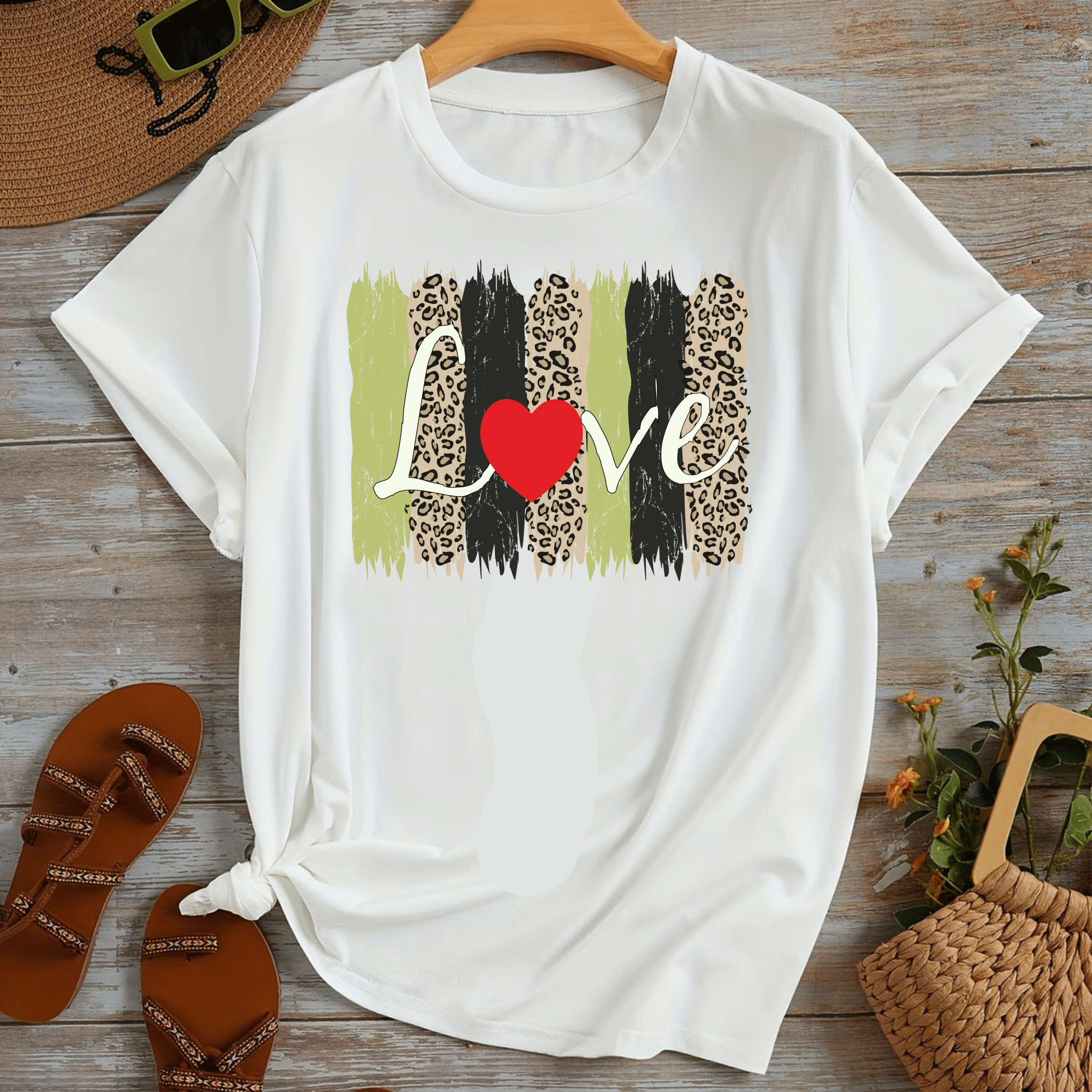 тениска Leopard Love, тениска с леопардов принт, тениска с любовен дизайн, дамска тениска, тениска с DTF печат