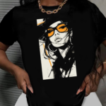 тениска Orange Vision, тениска с оранжеви очила, черно-бяла тениска, дамска тениска с щампа, тениска с модерна визия, тениска с ДТФ печат