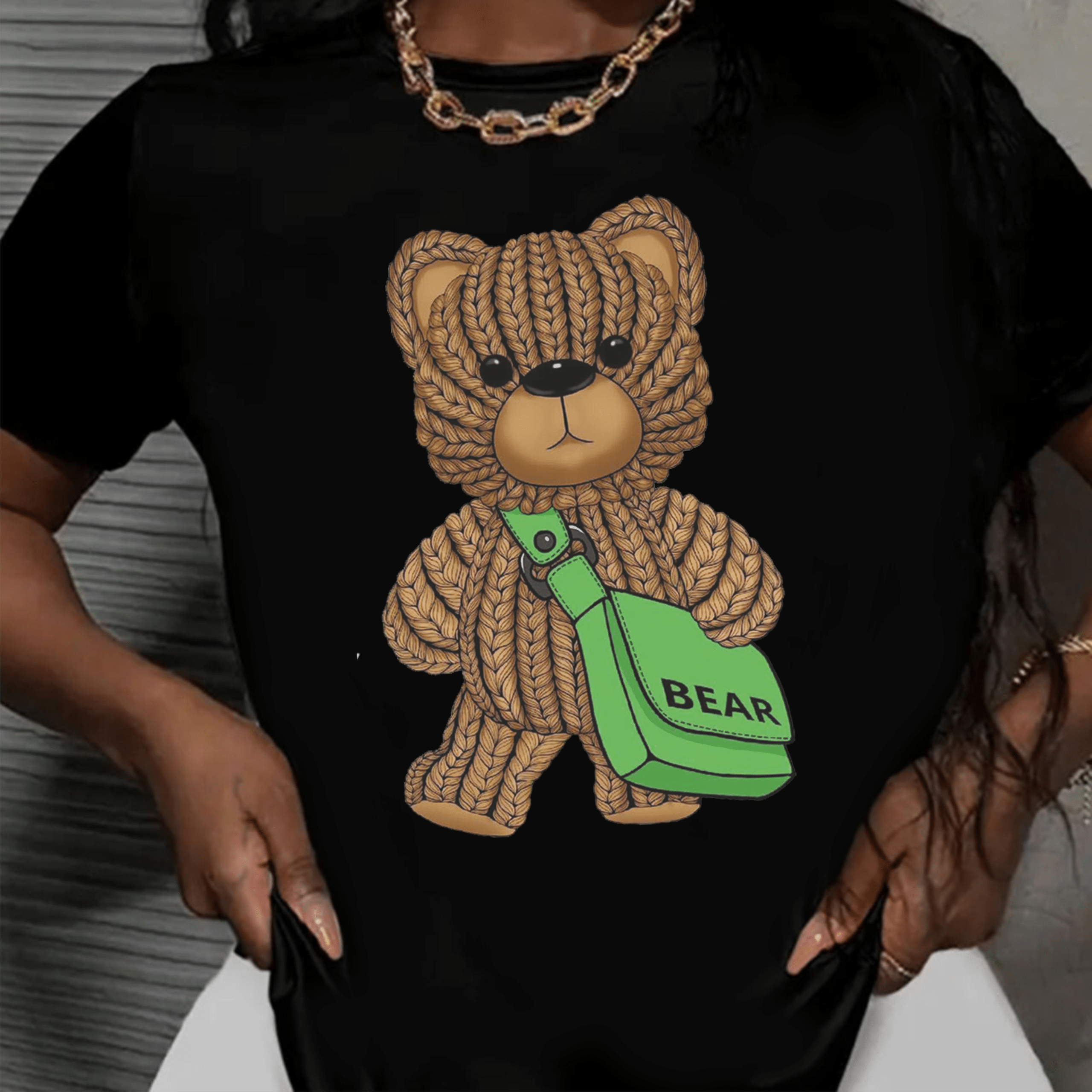 дамска тениска Knitted Bear, плетено мече, сладък принт, дамска тениска с животински дизайн, памучна тениска с DTF печат