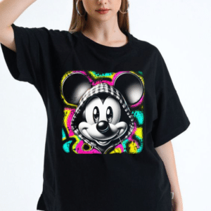 дамска тениска Colorful Mickey, тениска с Мики Маус, цветна дамска тениска, тениска с весел дизайн, тениска с DTF печат, ярък дизайн тениска
