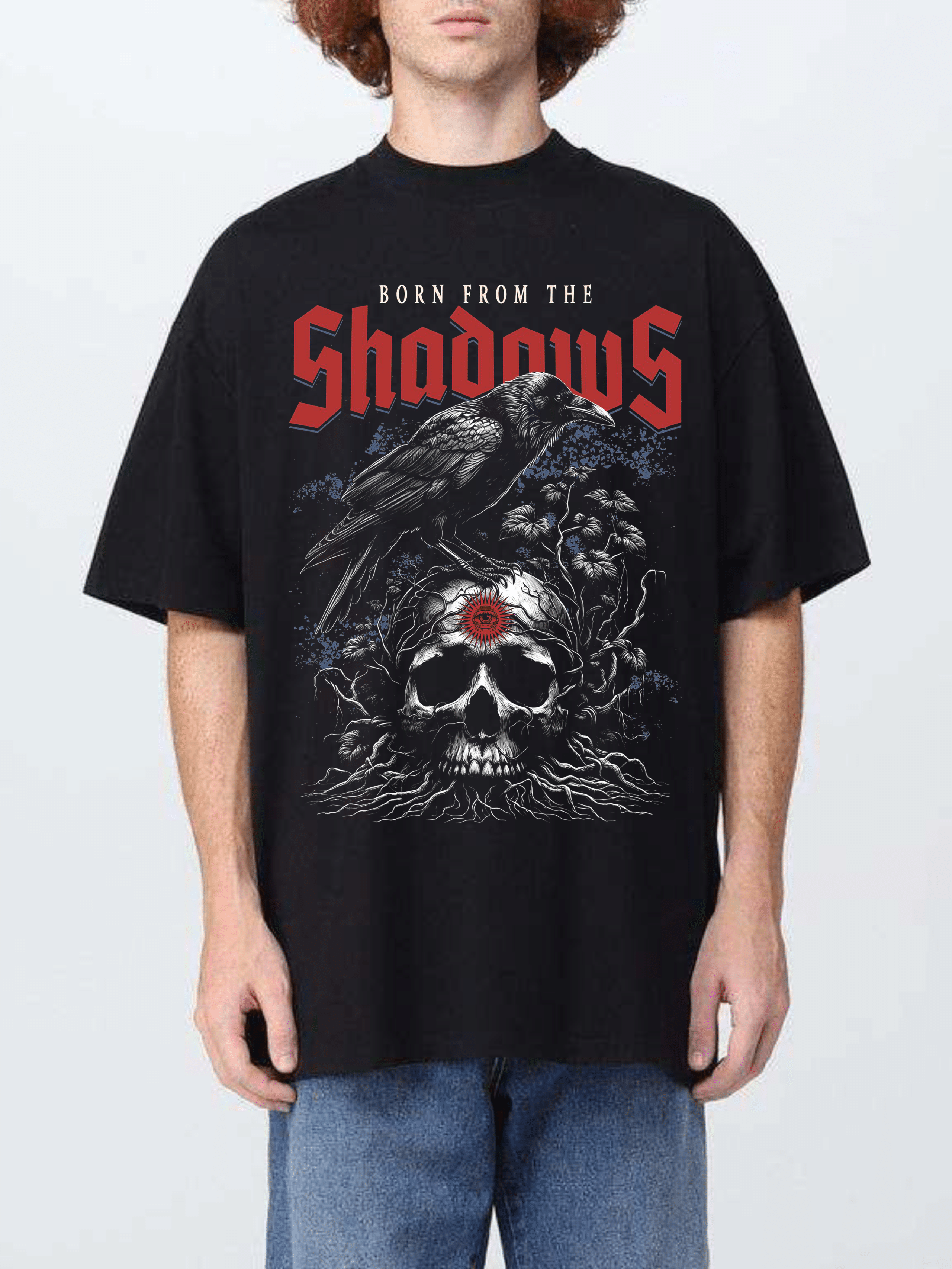 мъжка тениска Shadows, тениска с надпис Shadows, черна тениска с принт, готик тениска, streetwear тениска, памучна тениска с DTF печат