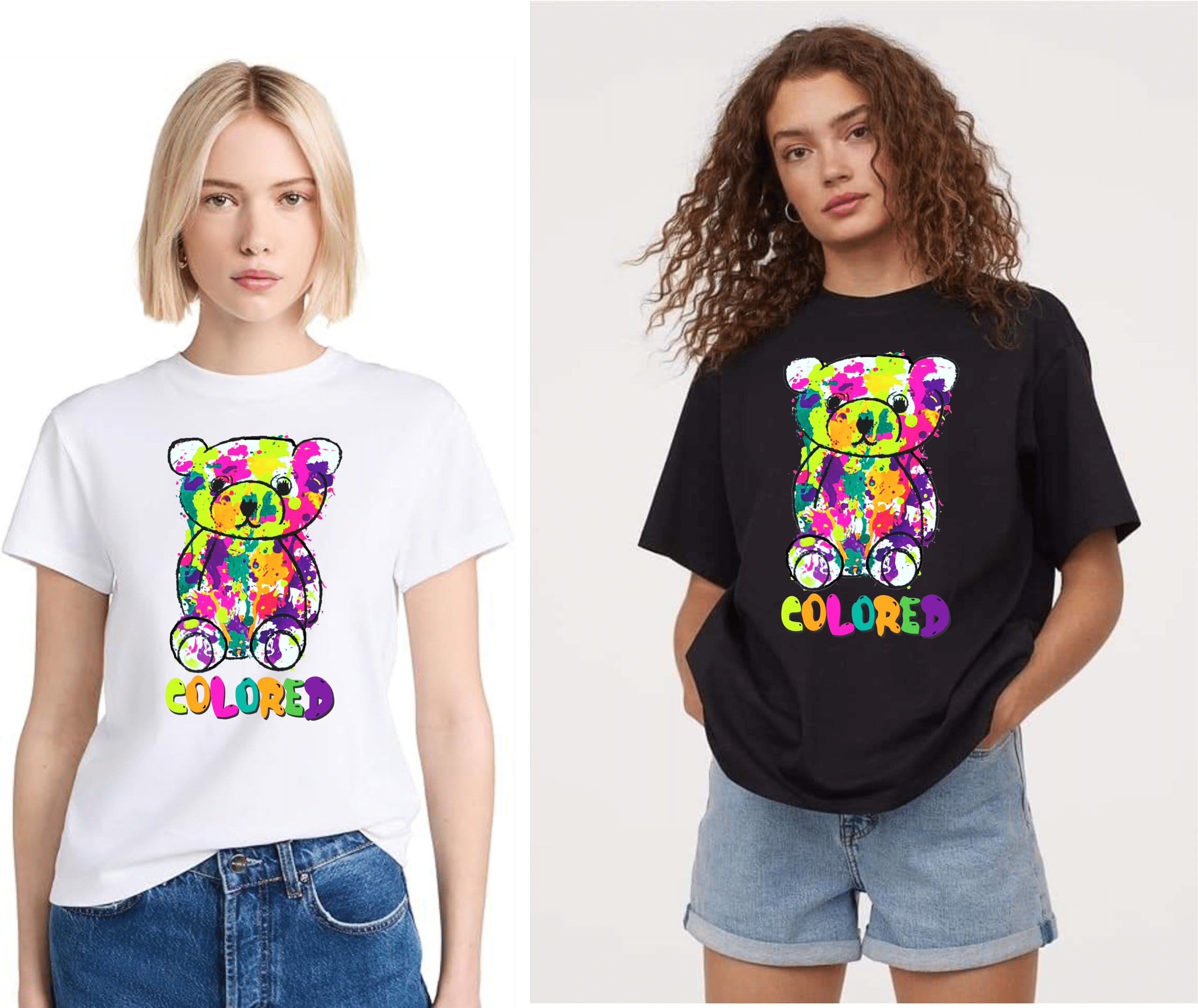дамска тениска Painted Color Bear, тениска с цветна мечка, артистична тениска с мечка, тениска с DTF печат, памучна дамска тениска