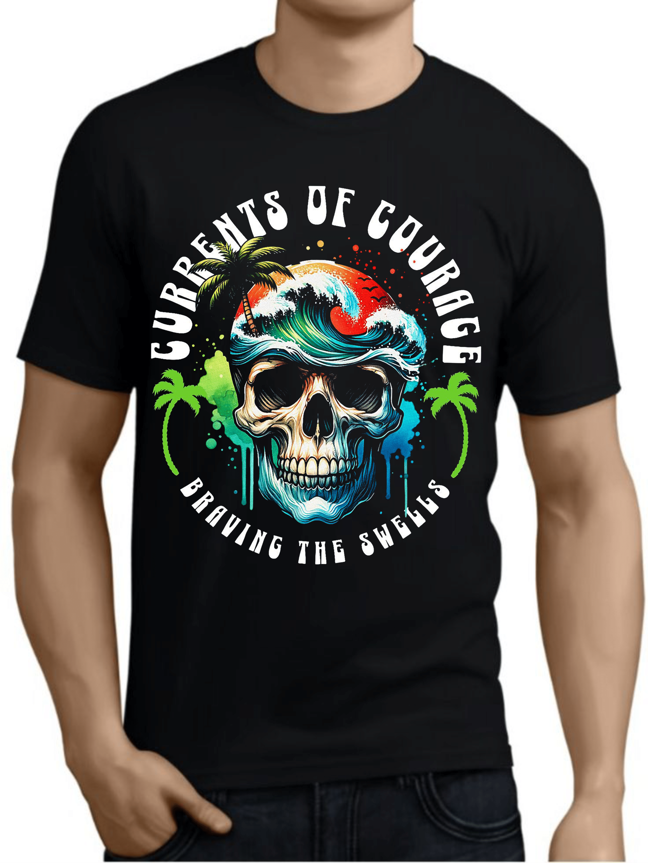 мъжка тениска Currents of Courage, тениска с принт Currents of Courage, вдъхновяваща тениска, памучна тениска с DTF печат, тениска за смели хора