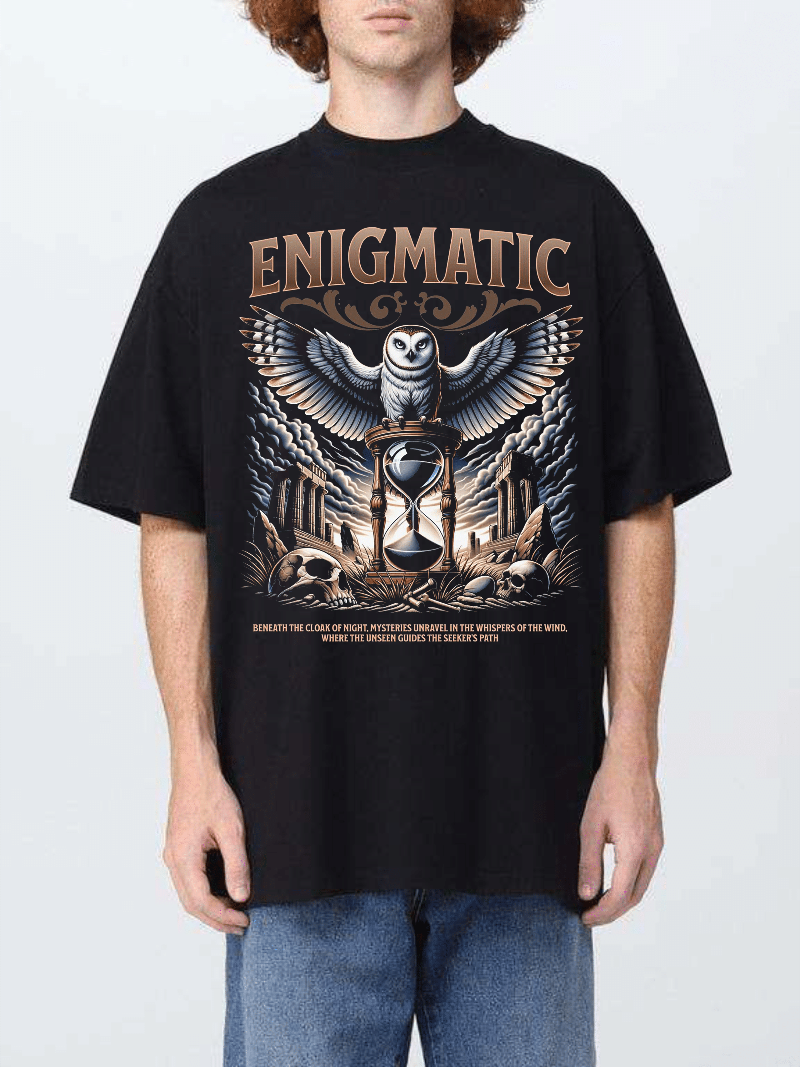 мъжка тениска Enigmatic, мистериозна тениска, черна тениска с принт, тениска с загадъчен дизайн, памучна тениска с DTF печат