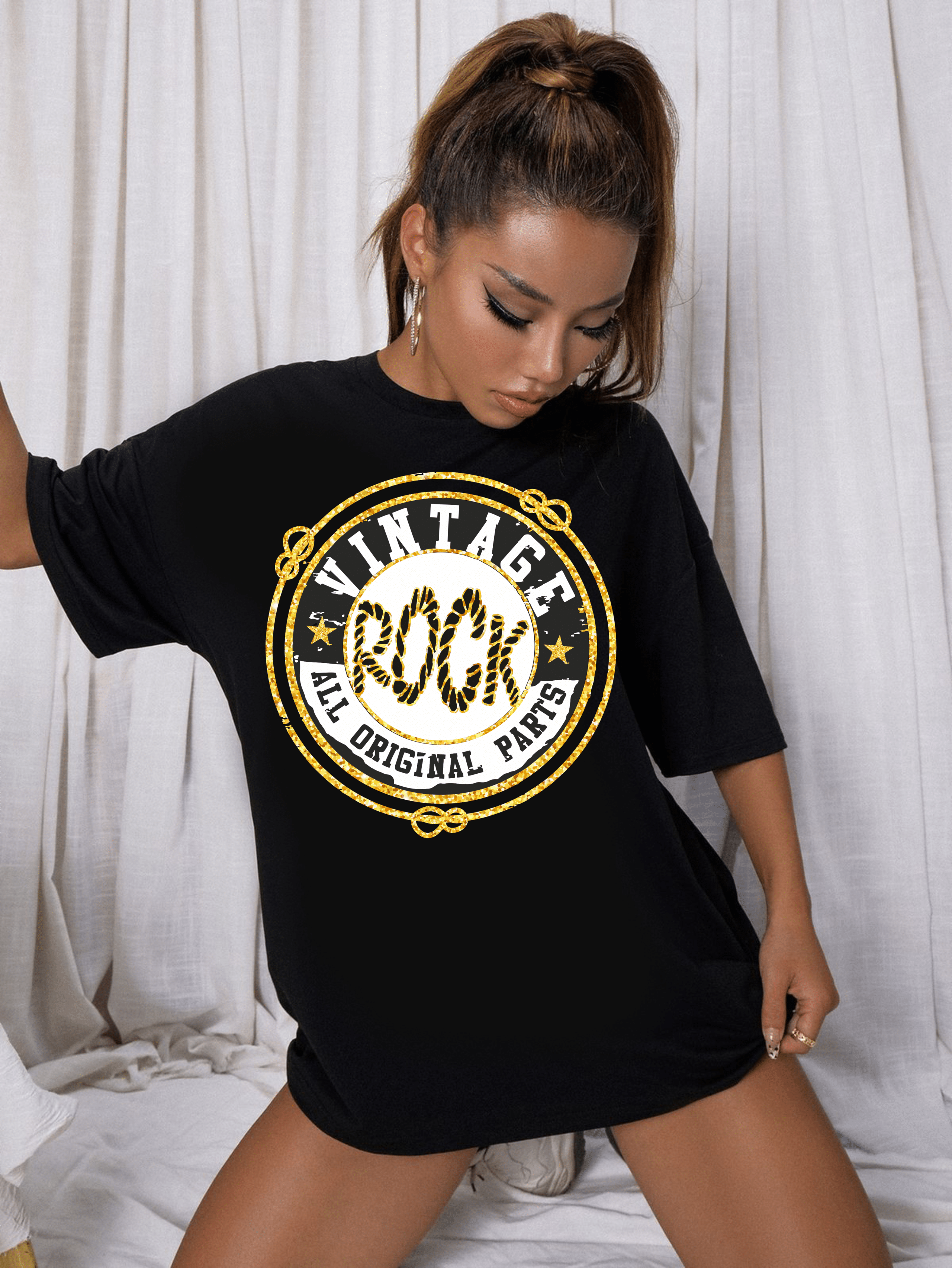 дамска тениска Vintage Rock, винтидж рок тениска, ретро рокендрол дизайн, рок стил тениска, памучна тениска с DTF печат