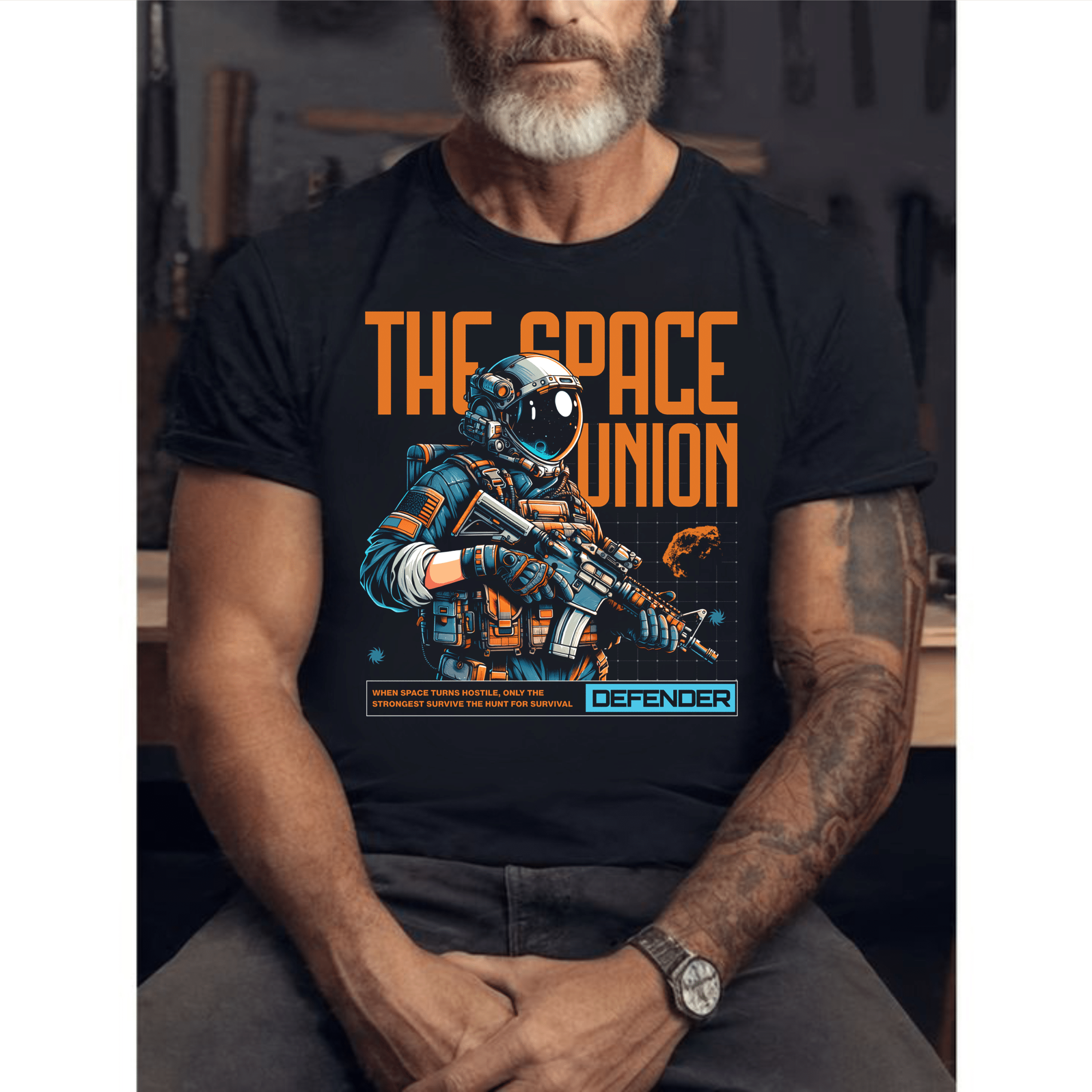 мъжка тениска The Space Union, тениска с космически принт, модерна тениска, памучна тениска с космически дизайн, тениска с DTF печат