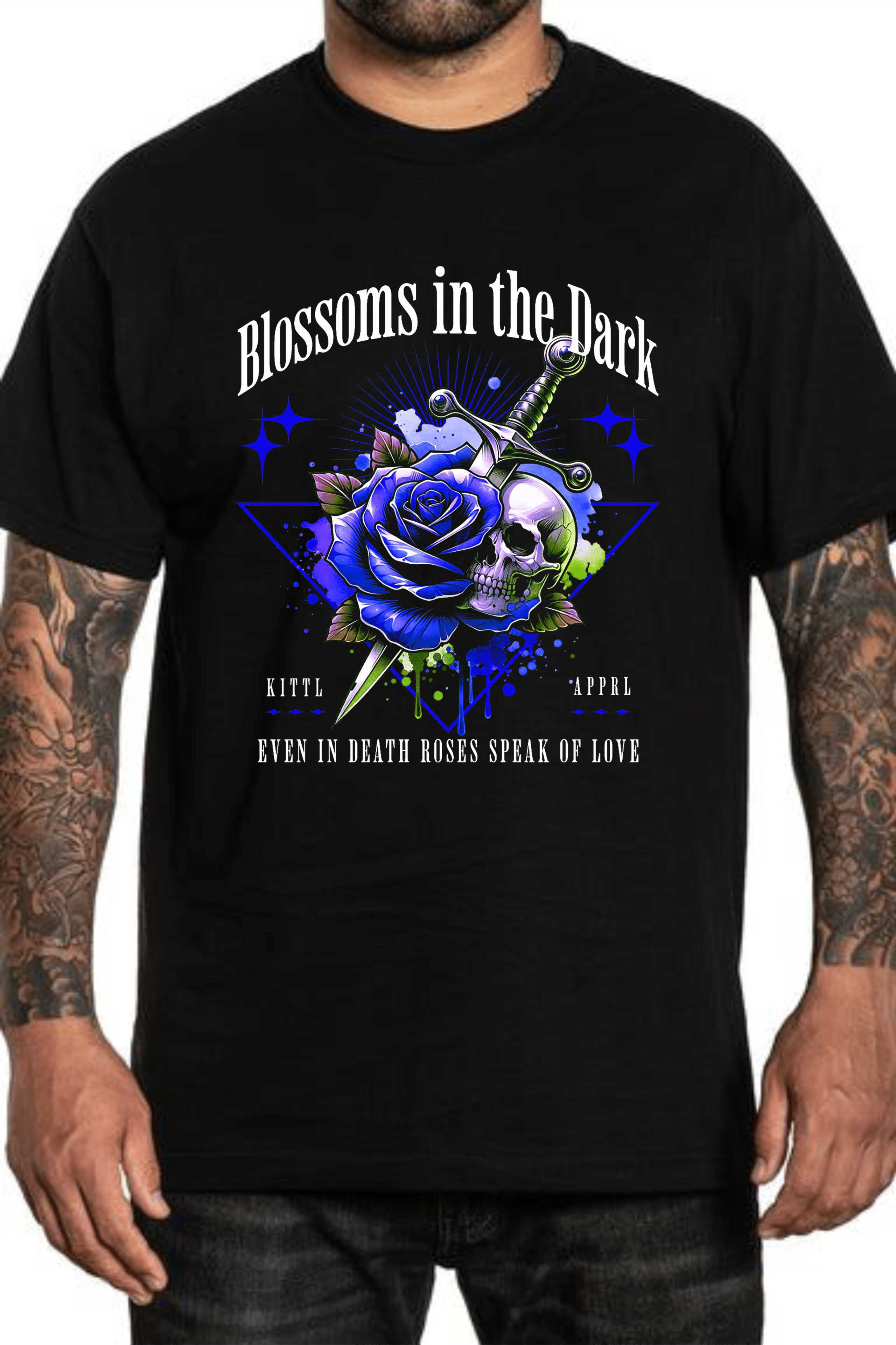 мъжка тениска Blossoms in the Dark, тениска с цветя, тениска с DTF печат, мистична мъжка тениска, памучна мъжка тениска