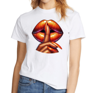 дамска тениска Shhht, тениска с уста и пръст, загадъчна тениска, тениска с DTF печат, памучна дамска тениска