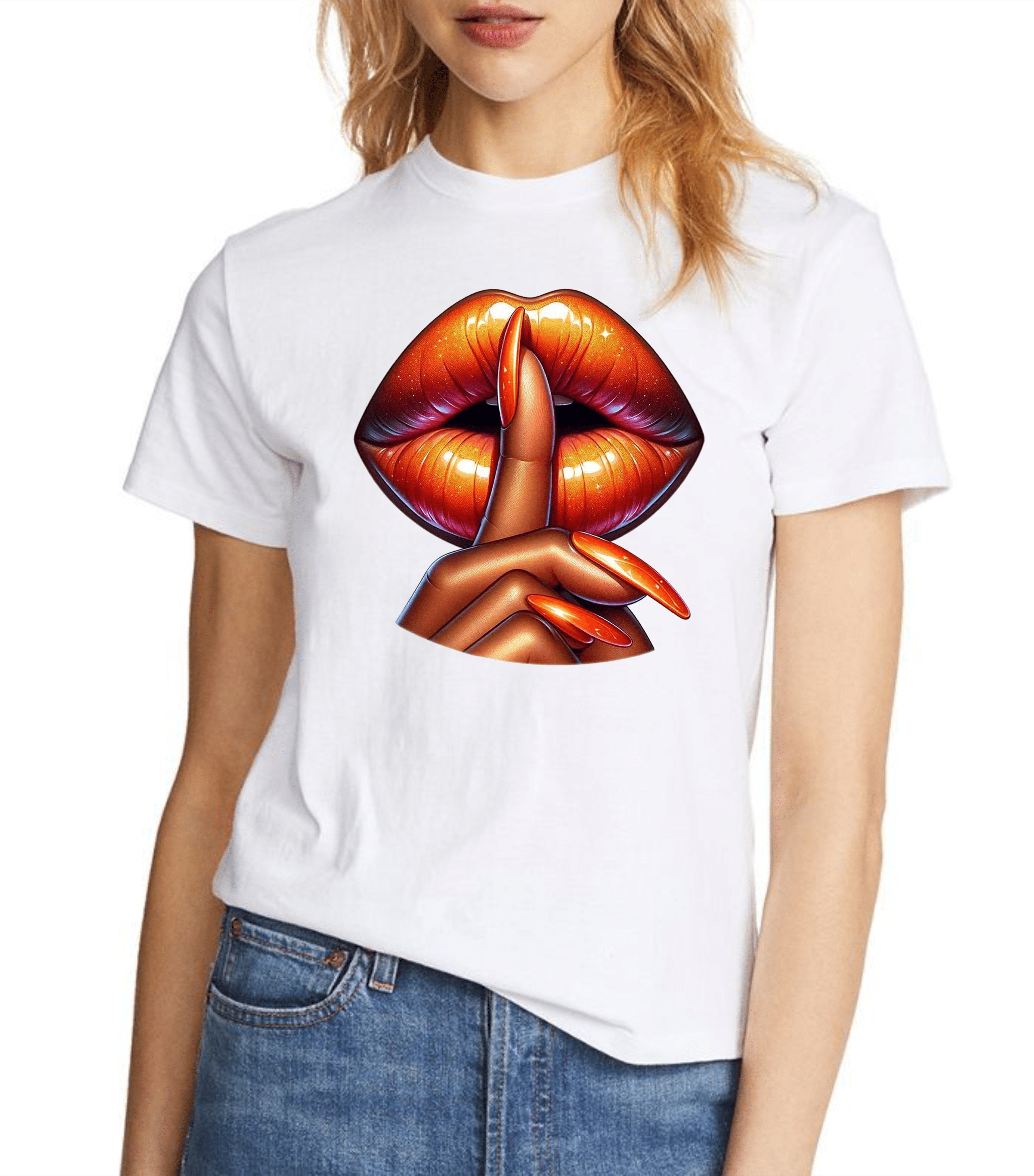 дамска тениска Shhht, тениска с уста и пръст, загадъчна тениска, тениска с DTF печат, памучна дамска тениска