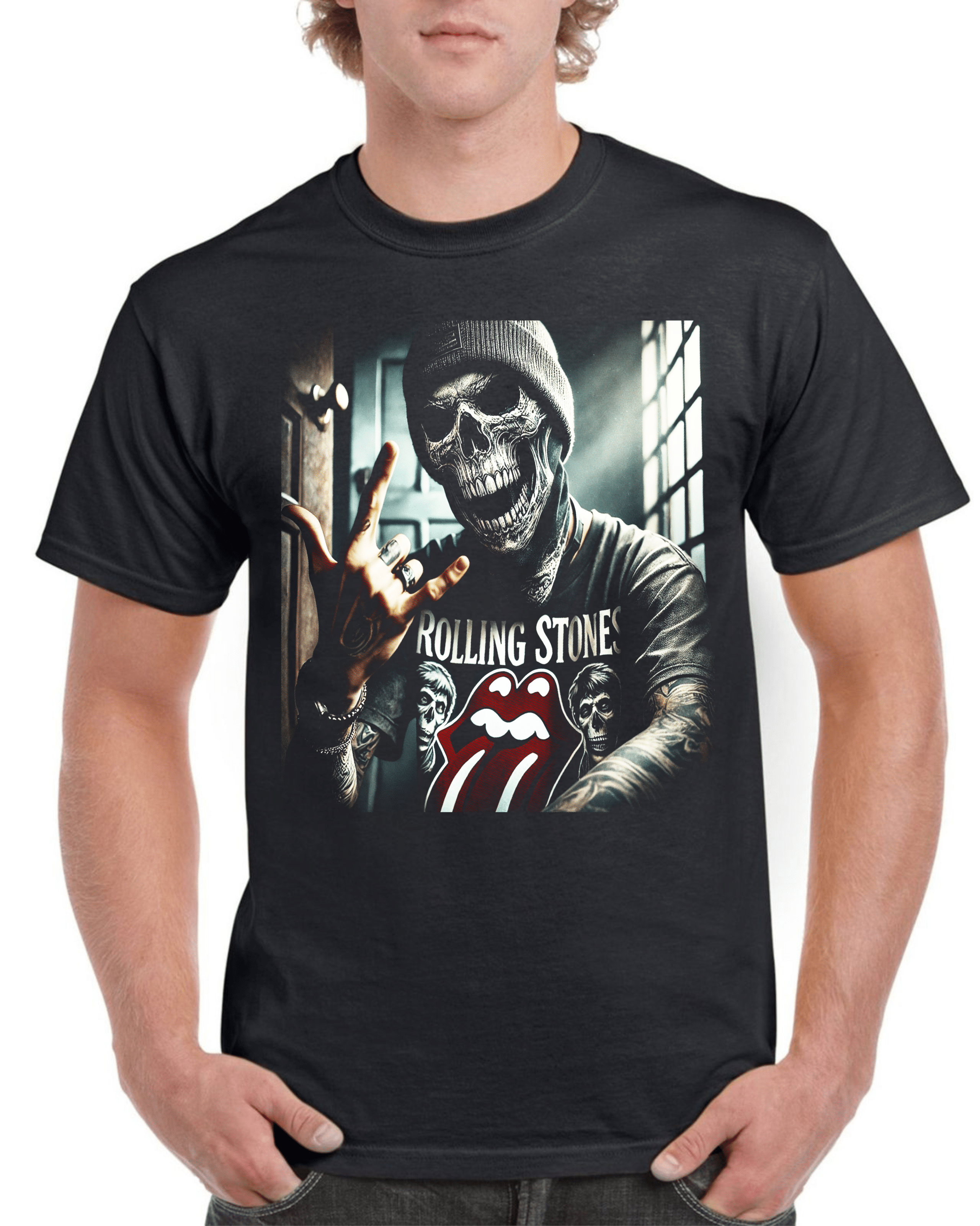 мъжка тениска Rolling Stones, тениска с логото на Rolling Stones, рок тениска, черна тениска с принт, памучна тениска с DTF печат