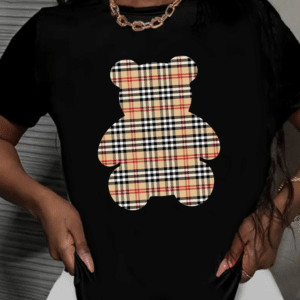дамска тениска Plaid Teddy, тениска с меченце и каре, уютен принт, дамска тениска с ретро дизайн, памучна тениска с DTF печат