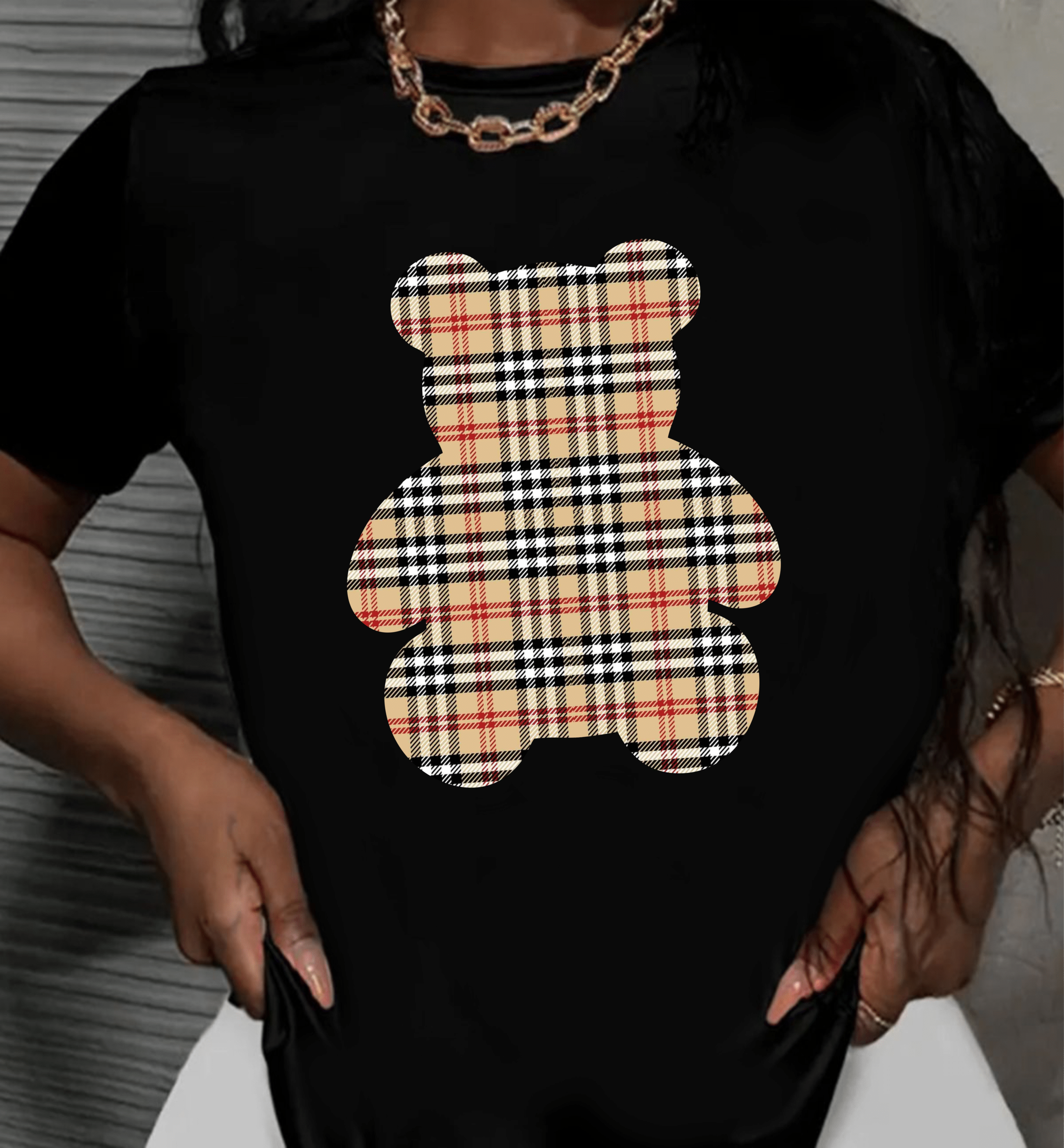 дамска тениска Plaid Teddy, тениска с меченце и каре, уютен принт, дамска тениска с ретро дизайн, памучна тениска с DTF печат