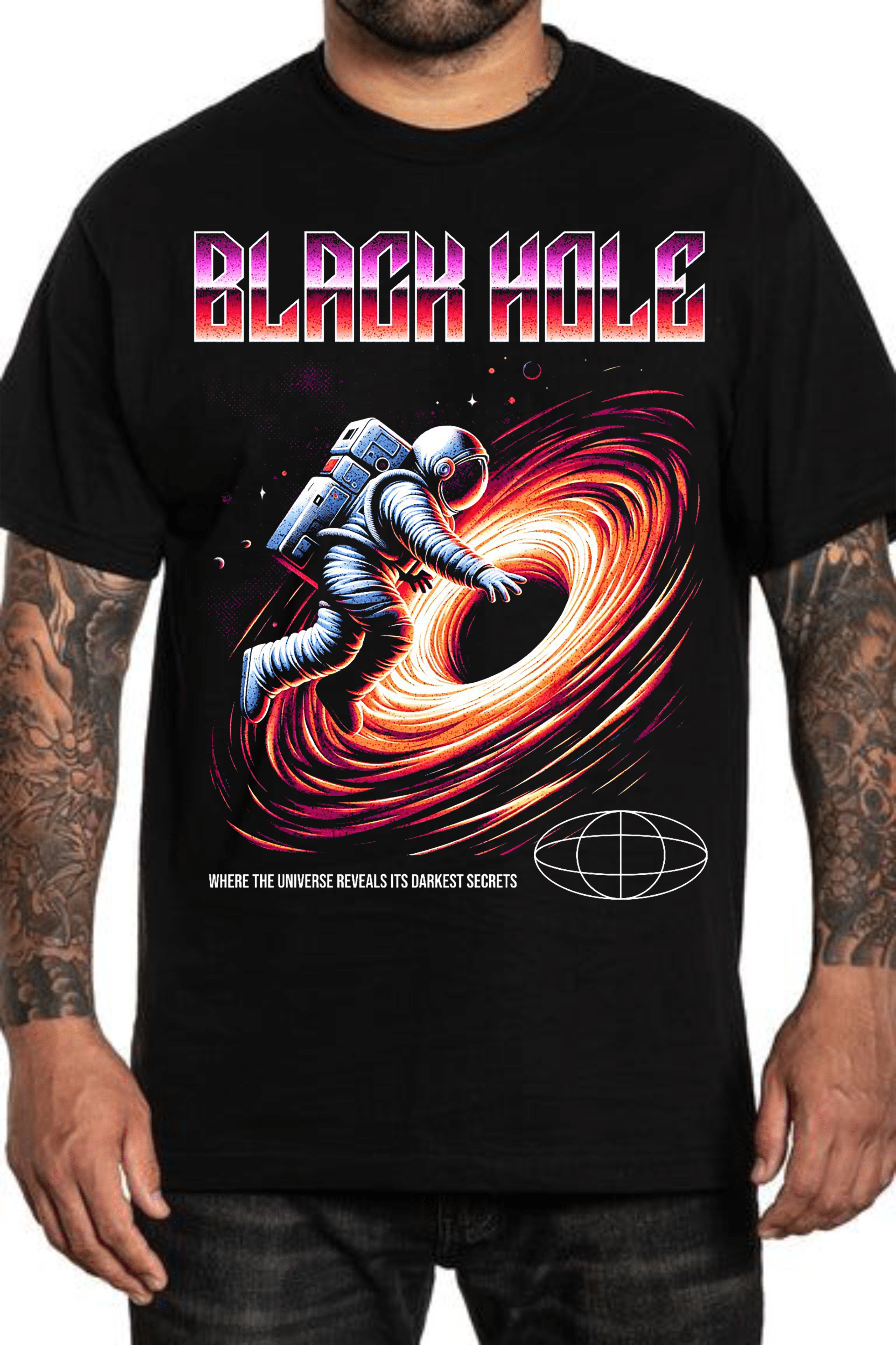 мъжка тениска Black Hole, тениска с космически дизайн, тениска с DTF печат, мистична тениска, тениска с черна дупка