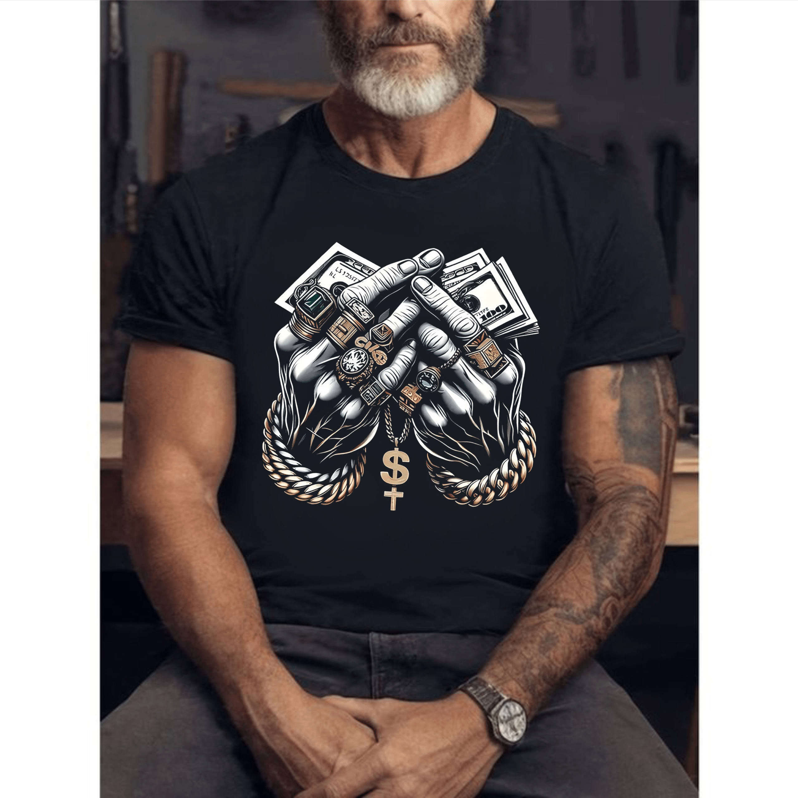 мъжка тениска Hold Money, тениска с принт пари, стилен дизайн с пари, модерен принт, памучна тениска с DTF печат