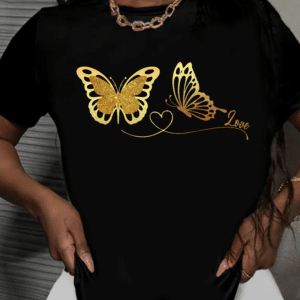 дамска тениска Gold Love, златен принт тениска, елегантен дизайн, дамска тениска с любовен принт, памучна тениска с DTF печат
