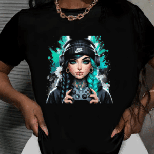 дамска тениска Console Girl, тениска за геймъри, тениска с игрови принт, дамска тениска с гейминг дизайн, памучна тениска с DTF печат