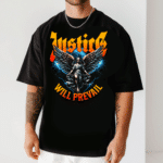 мъжка тениска Justice, тениска с послание за справедливост, тениска с мощен дизайн, тениска с DTF печат, стилна мъжка тениска, оригинален дизайн тениска