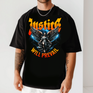 мъжка тениска Justice, тениска с послание за справедливост, тениска с мощен дизайн, тениска с DTF печат, стилна мъжка тениска, оригинален дизайн тениска