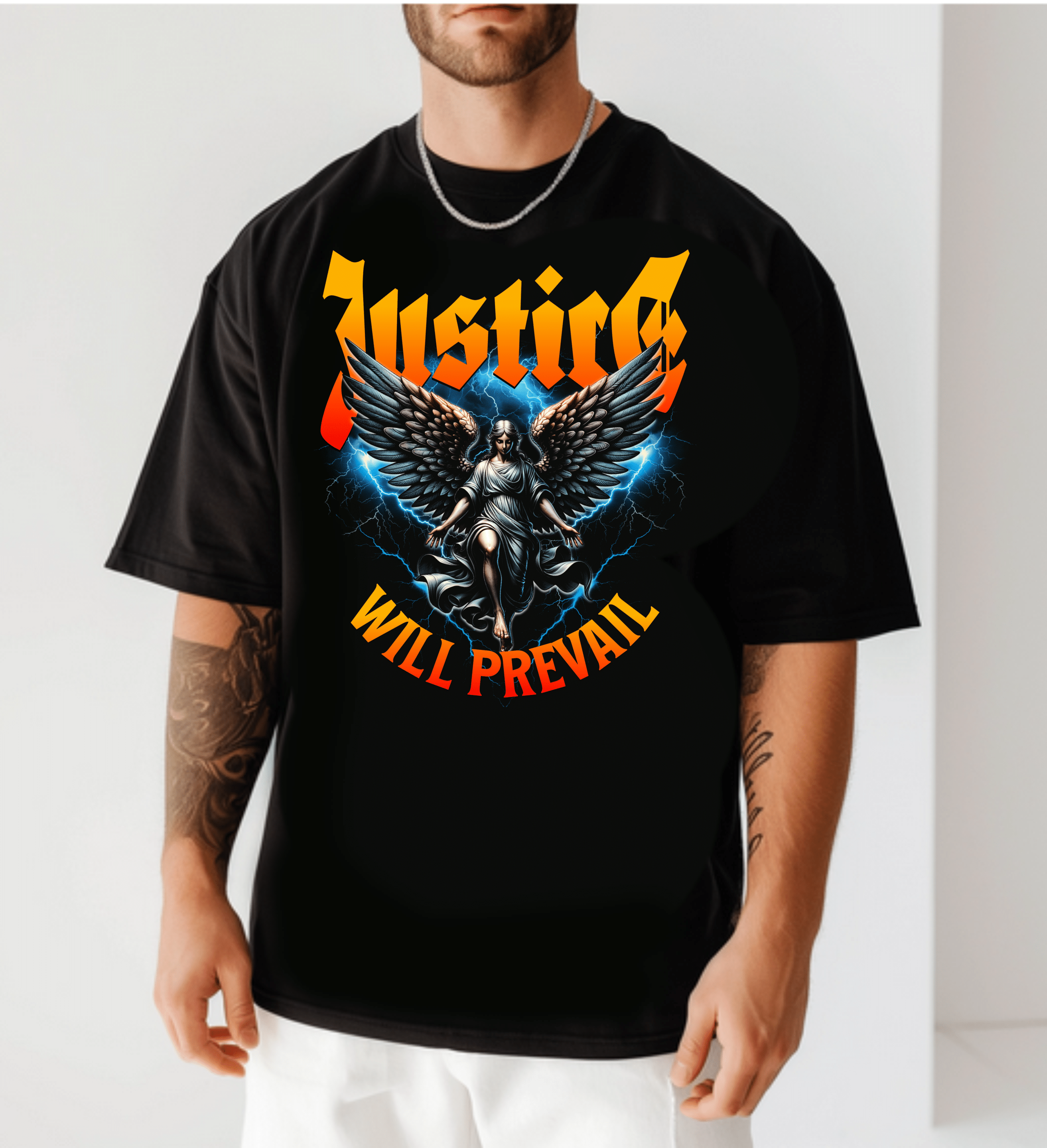 мъжка тениска Justice, тениска с послание за справедливост, тениска с мощен дизайн, тениска с DTF печат, стилна мъжка тениска, оригинален дизайн тениска