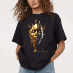 дамска тениска Gold Face 2, тениска с златен принт, артистичен дизайн, дамска тениска с лице, памучна тениска с DTF печат