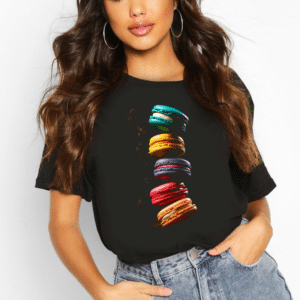 дамска тениска Macaroon, тениска с макарони, сладък принт, дамска тениска с хранителен дизайн, памучна тениска с DTF печат